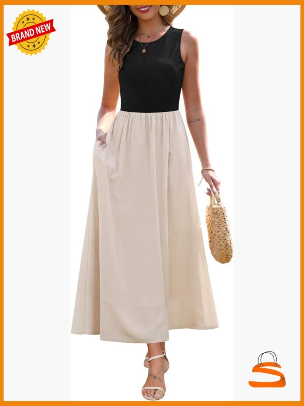 Sleeveless Patchwork Knit Crew Neck Tank Top Flowy Long Maxi Dress with Pockets